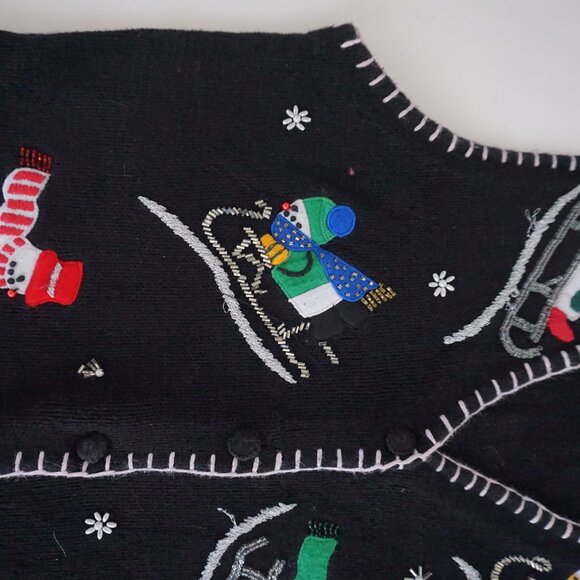 Vintage Victoria Jones Black Holiday Ski Snowman Vest Cotton Festive Grandpa L - Picture 6 of 10